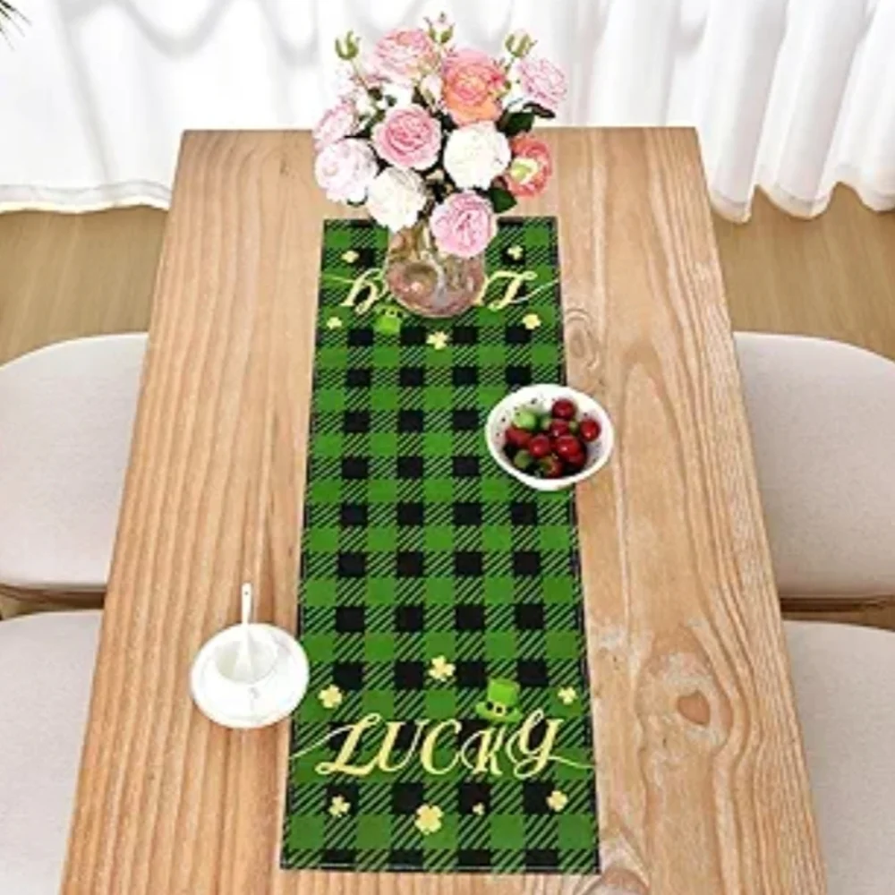 EEIVS St. Patrick's Day Green and Black Plaid Lucky Table Runner 13x36 Inches